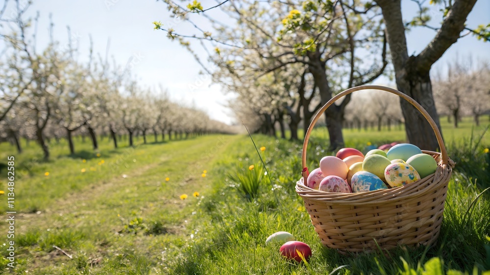 Easter basket filled with colorful eggs in blooming orchard Easter basket filled with colorful eggs in blooming orchard