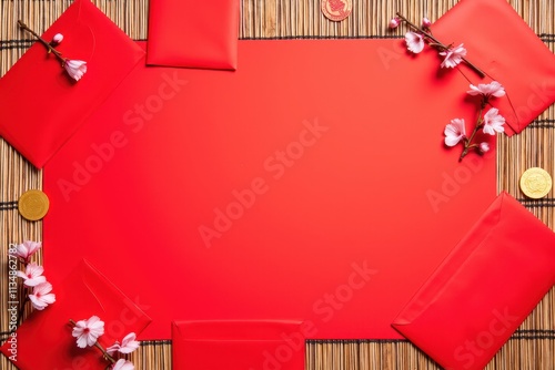 Vibrant Red Envelopes and Cherry Blossoms on Bamboo Mat for Celebration Themes like Lunar New Year or Weddings Featuring Golden Coins for Prosperity photo