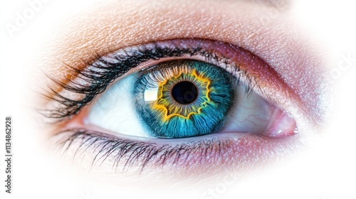 A beautifully realistic human eye with detailed veins and vibrant iris colors, isolated on a white background.