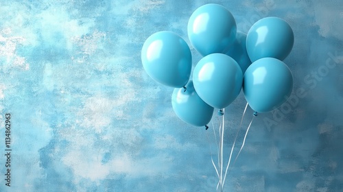 Multiple blue air balloons floating gracefully in a minimalist blue studio, celebrating happiness and joy photo