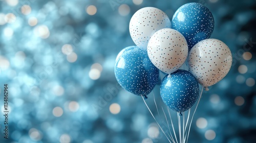 Multiple blue air balloons floating gracefully in a minimalist blue studio, celebrating happiness and joy photo