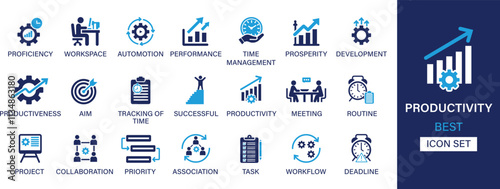Productivity  icon set collection. Proficiency, workspace, automation, performance, time management, prosperity, development, successful and  best solid icon set.