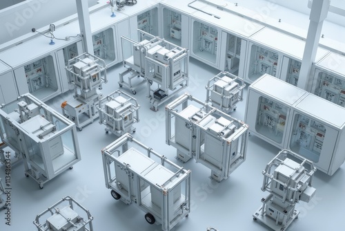 Advanced Modular Automation System with White Cabinets and Control Units in a Well-Organized Facility for Efficient Manufacturing Processes
