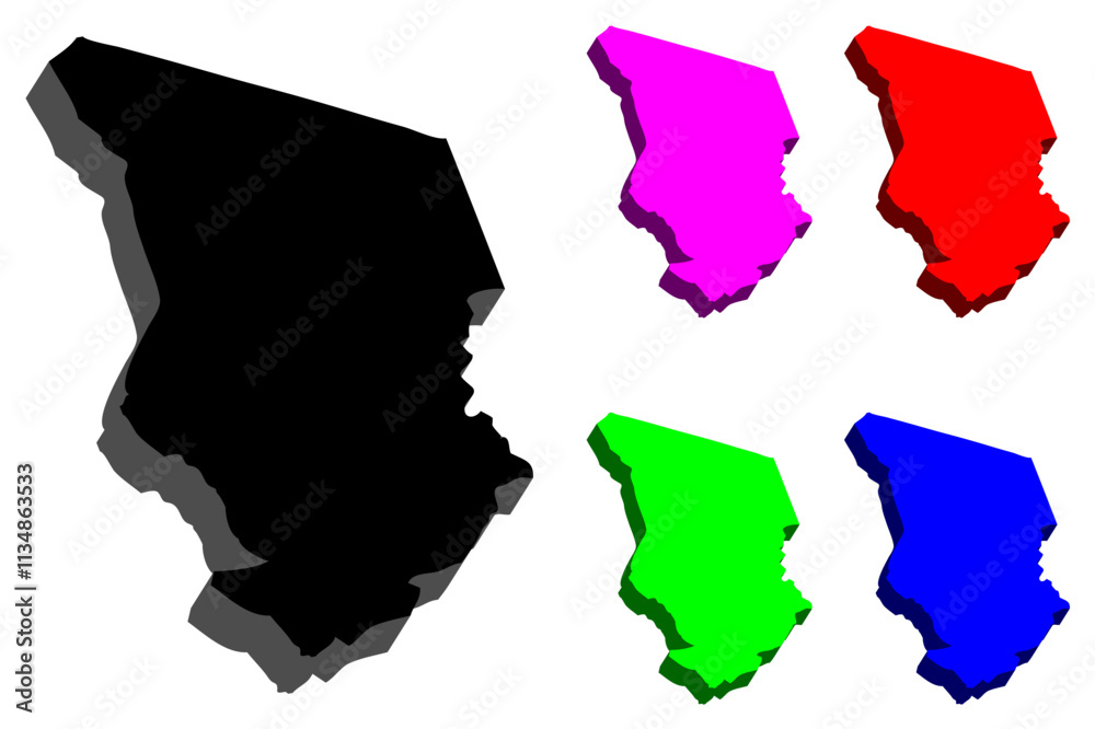 3D map of Chad (Republic of Chad) -  black, red, purple, blue and green - vector illustration