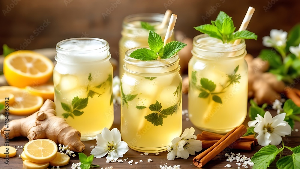 Fermented Kombucha with Cinnamon and Ginger and Natural Elderberry Probiotic Drink Fermented Kombucha with Cinnamon and Ginger and Natural Elderberry Probiotic Drink