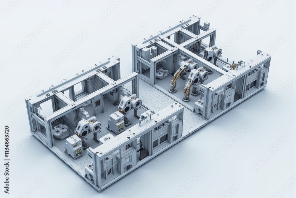 Innovative Modular Automation System Featuring Robots and Advanced Machinery for Efficient Manufacturing Processes in a Streamlined Industrial Environment