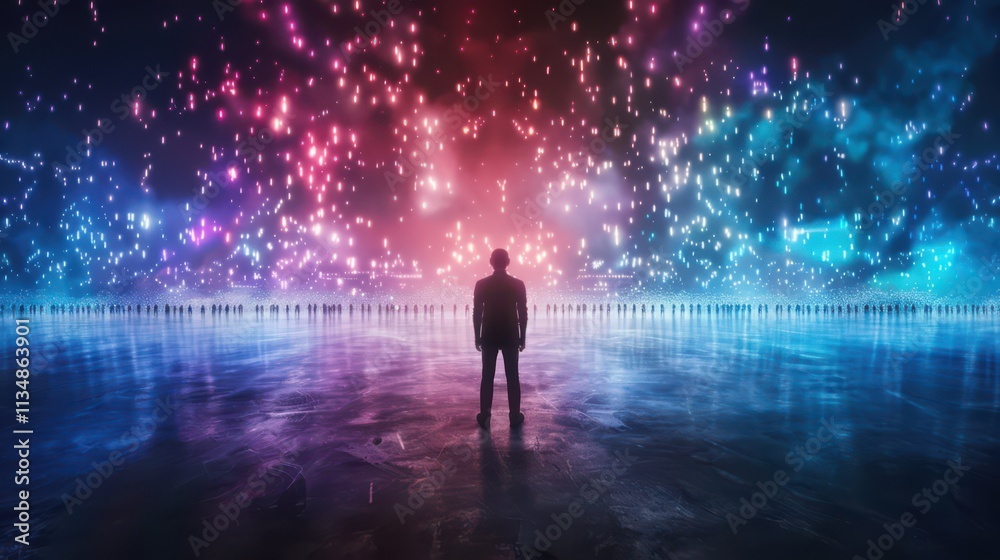 Futuristic Night Scene Man Lights and Crowd Futuristic Night Scene Man Lights and Crowd