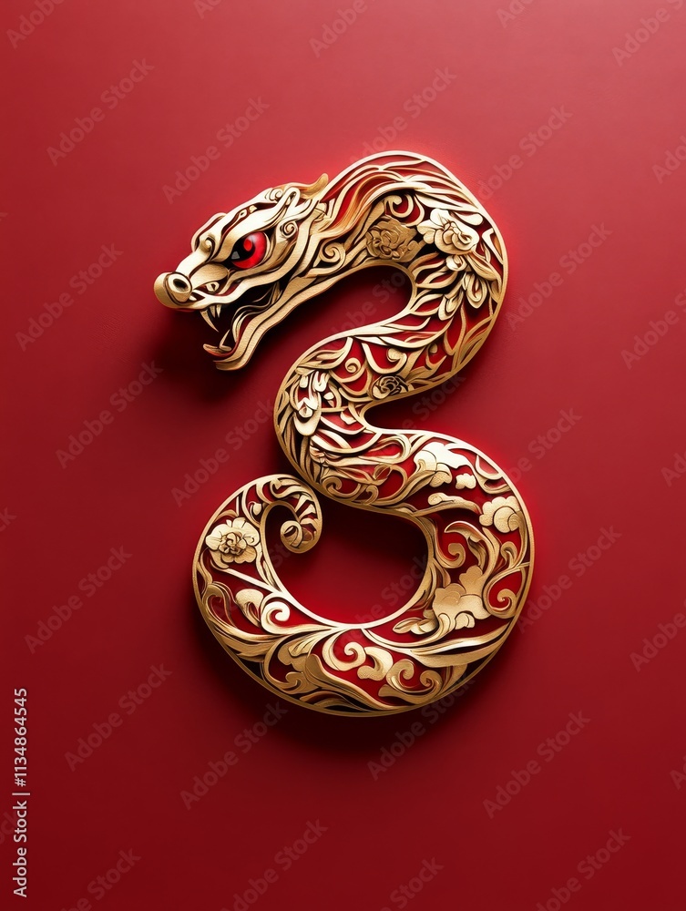 Golden Serpent on Red Background - Elegant gold serpent, intricate design, vibrant red backdrop, symbolic of power, prosperity, transformation, and good fortune. Golden Serpent on Red Background - Elegant gold serpent, intricate design, vibrant red backdrop, symbolic of power, prosperity, transformation, and good fortune.