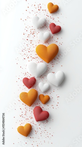 Row of hearts in different colors and sizes are arranged in a line. Concept of love and affection, as the hearts are all connected and arranged in a way that suggests unity and togetherness