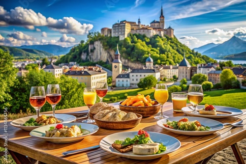 Fototapeta Naklejka Na Ścianę i Meble -  Culinary Delights in the Shadow of Festung Hohensalzburg: A Gastronomic Journey Highlighting Traditional Dishes and Scenic Views of Salzburg's Iconic Fortress