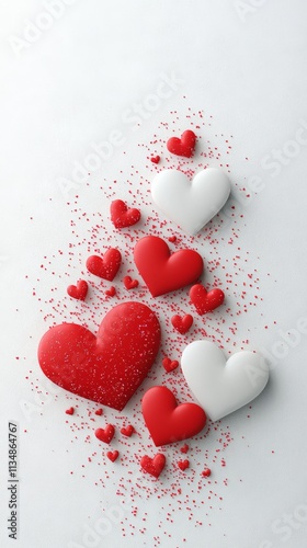 Close up of a bunch of hearts, some red and some white, with a lot of white hearts in the middle