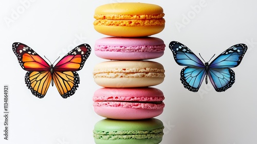 Stack of pastries with two butterflies on top. The butterflies are colorful and the pastries are pink, yellow, and green. Concept of whimsy and playfulness