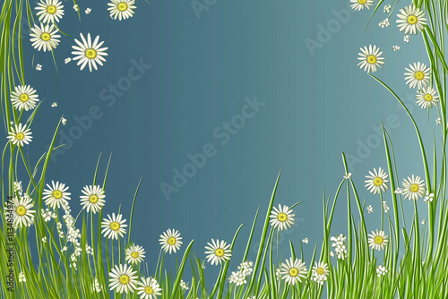 Spring themed illustration with daises and blue-sky creating copy space. photo