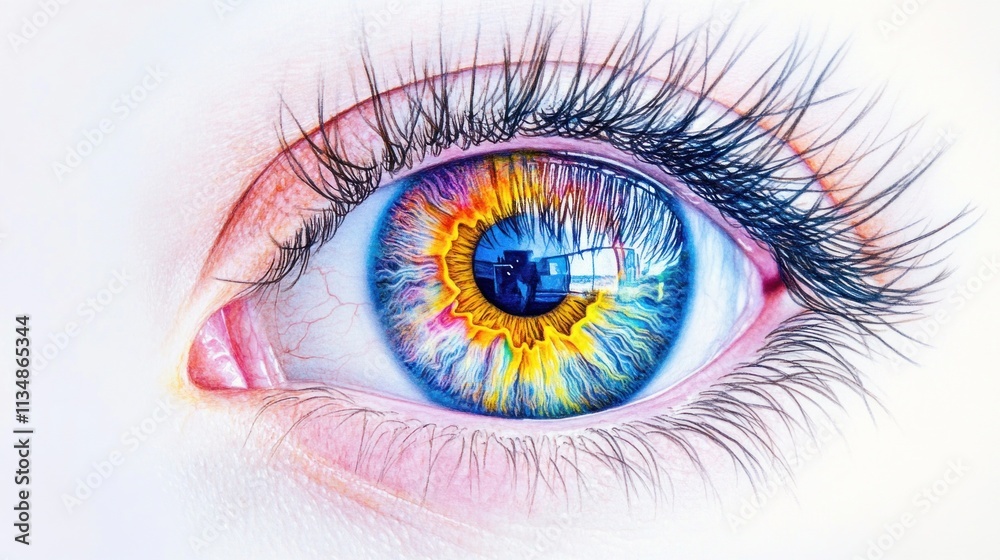 Fototapeta premium A highly detailed human eye with vibrant colors in the iris, visible veins, isolated against a white background.