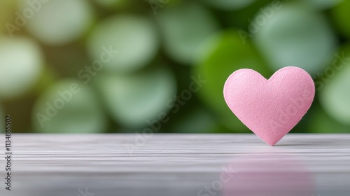 Pink heart is sitting on a wooden table. The heart is surrounded by a blurry green background. Concept of love and warmth, as the heart is a symbol of affection and care