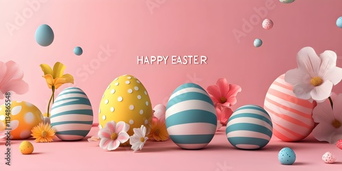 Colorful Easter eggs decorated with flowers and festive designs on pastel backdrop