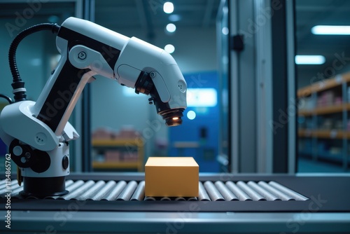 Wallpaper Mural Advanced robotic arm performing quality inspection on a yellow package in a modern automated system environment, showcasing precision and technology in manufacturing processes. Torontodigital.ca