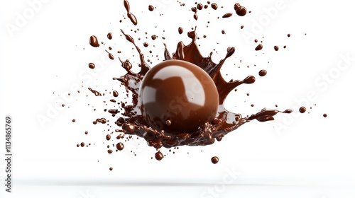 Chocolate ball is splashing in a pool of chocolate. The chocolate is thick and rich, and the splatter of it is creating a beautiful, messy effect. Concept of indulgence and decadence