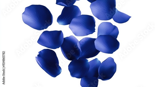 Bunch of blue flower petals floating in the air. The blue petals are scattered in different directions, creating a sense of movement and freedom. The image evokes a feeling of tranquility