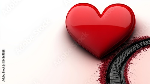 Red heart is on a white background. The heart is surrounded by a train track. The train track is broken and has a lot of debris