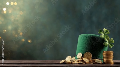 Green Hat Shamrocks Gold Coins St Patricks Day - Festive St. Patrick's Day image featuring a green hat overflowing with gold coins and shamrocks. Symbolizes luck, prosperity, celebration, Irish herita photo