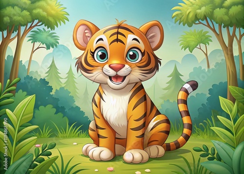 Cute Cartoon Tiger in Forest Setting with Ample Copy Space, Perfect for Children's Illustrations and Educational Materials photo