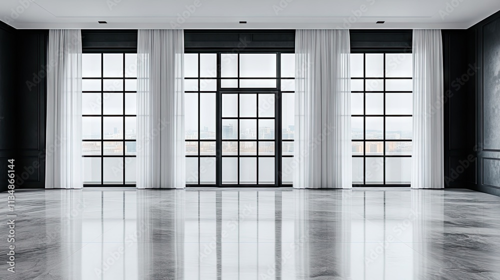 An empty modern room with expansive windows and clean white curtains, providing a fresh and open ambiance. An empty modern room with expansive windows and clean white curtains, providing a fresh and open ambiance.