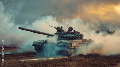 A military tank advancing with smoke covering the battlefield, Video footage-4K
