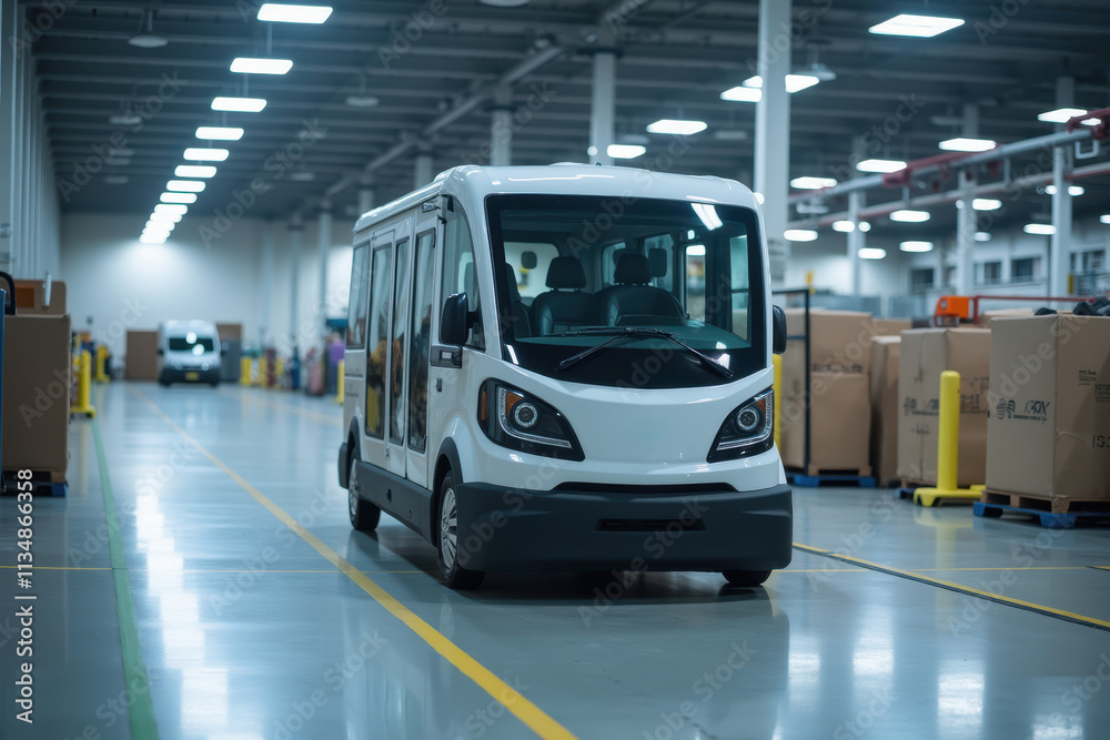 Sleek Guided Vehicle in Modern Factory Setting with Efficient Design and Organized Work Environment for Streamlined Operations and Logistics Sleek Guided Vehicle in Modern Factory Setting with Efficient Design and Organized Work Environment for Streamlined Operations and Logistics