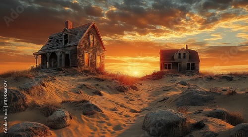 House Built on Sand vs House Built on Rock Surreal Contrast Sunset Desert Parable of the Wise and Foolish Builders Gospel of Matthew