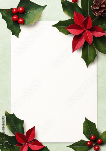 White sheet of paper with a red and green border. Inside the border, there are red flowers and green berries. The flowers are arranged in a way that they are overlapping each other