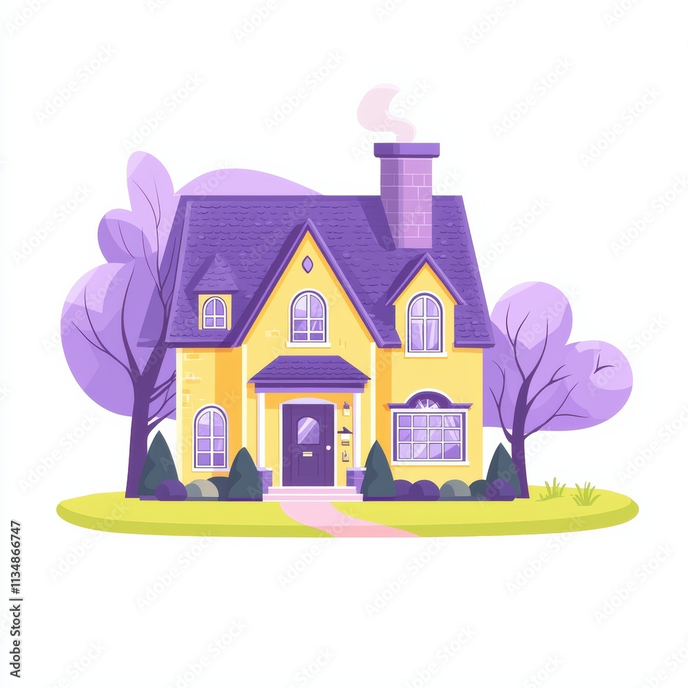 Charming yellow house surrounded by trees digital art cozy environment vibrant viewpoint