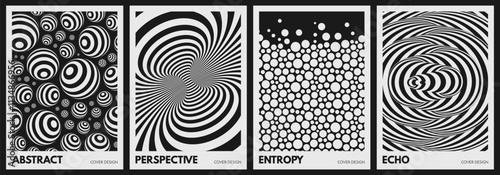 A collage of different backgrounds. A multitude of striped spheres flying in space. Black and white pattern with optical illusion. Psychedelic stripes. Vector for cover, presentation, flyer or banner.