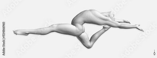A leaping ballet dancer. The human body formed from many points. Gymnastic exercises. Design for sports event. Monochrome colouring. 3D illustration for brochure, cover, presentation, flyer or banner.