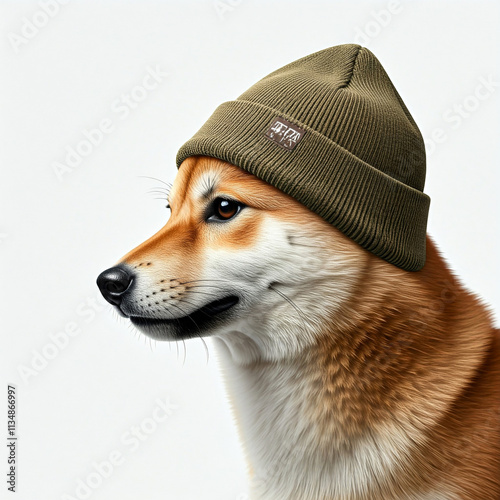 A close-up side profile of a Shiba Inu puppy wearing a khaki-colored beanie photo