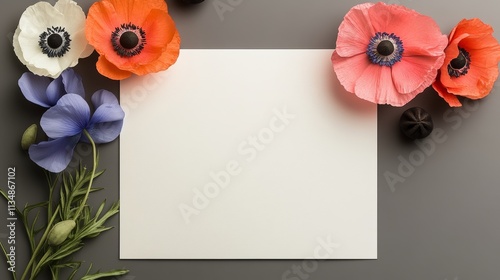White piece of paper with a flowery border sits on a grey background. The flowers are of various colors and sizes, and they are arranged in a way that creates a sense of balance and harmony