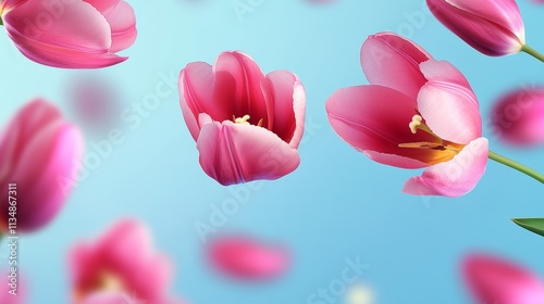 Bunch of pink flowers are floating in the air. The flowers are scattered in different directions, creating a sense of movement and freedom. The image conveys a feeling of joy and happiness