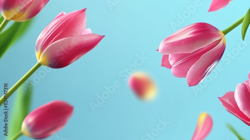 Pink flowers are flying in the air, with a blue sky in the background. The flowers are scattered in different directions, creating a sense of movement and freedom. The image conveys a feeling of joy