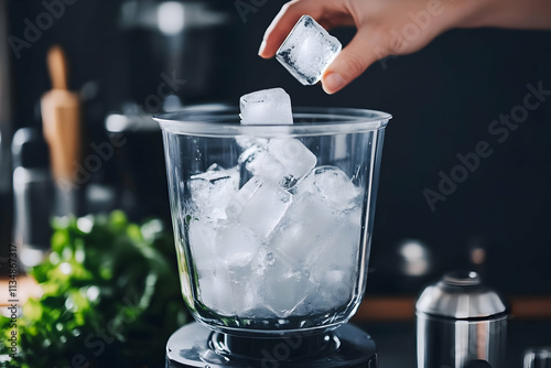 Chilled ice cubes are added to a blender for a refreshing drink