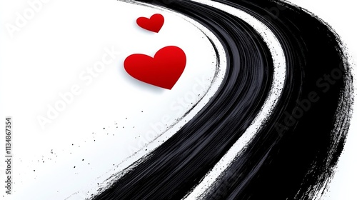 Black and white road with two red hearts on it. The road is long and winding, and the hearts are placed at different points along the road. Concept of love and romance
