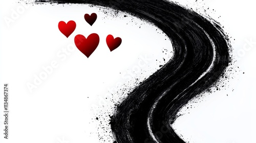 Black line with three red hearts on it. The hearts are in the middle of the line and are facing the right
