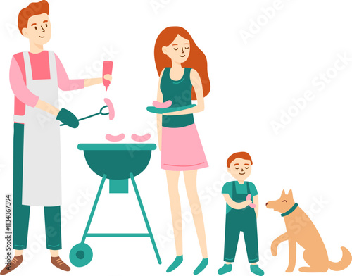 Happy family enjoying a barbecue party outdoors, with father grilling sausages, mother holding a plate, and son eagerly waiting alongside a cheerful dog for delicious food