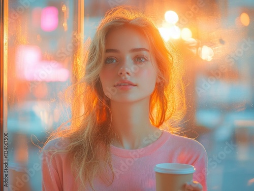 Woman Enjoying Coffee at Urban Cafe Terrace photo