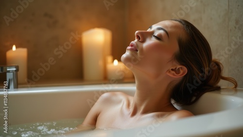 A person practicing self-care with a relaxing bath, a calming atmosphere, enjoying a moment of peace alone