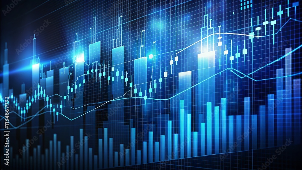 Naklejka premium Dark Blue Stock Market Background with Financial Graphs and Candlestick Charts for Business Concepts and Trading Data Visualization