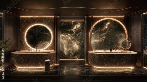 Wallpaper Mural Contemporary bathroom design with dual sink vanity, natural stone tiles, and a seamless glass shower for a modern aesthetic. Torontodigital.ca