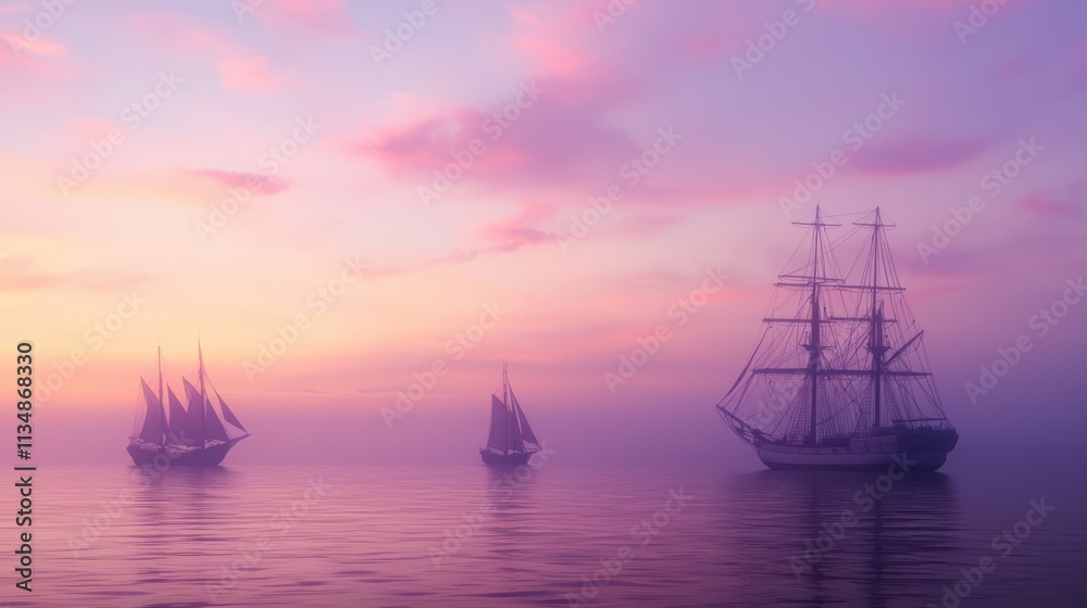 Majestic Sailboats at Sunset Serene Ocean Scene Pink Sky Majestic Sailboats at Sunset Serene Ocean Scene Pink Sky