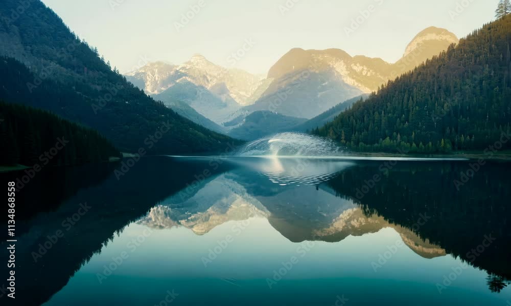 In the morning light a serene landscape unfolds, where the tranquil lake reflects the majestic mountains and their enchanting surroundings In the morning light a serene landscape unfolds, where the tranquil lake reflects the majestic mountains and their enchanting surroundings