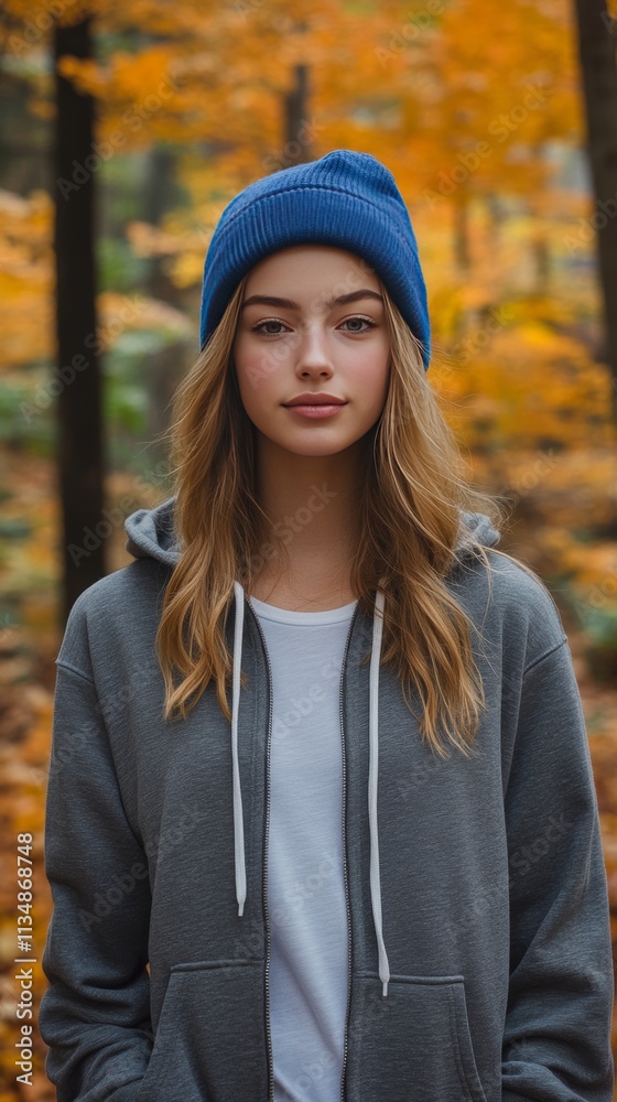 Autumn Tranquility Captures a Young Girl With a Blue Beanie Amidst Golden Foliage, Blending Warmth and Calm in a Forested Retreat on a Serene Afternoon