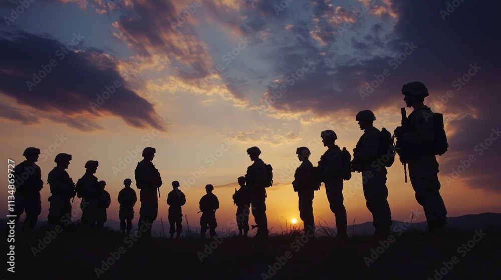 A silhouette of soldiers standing together with the USA flag at sunset, paying homage to Veterans Day. A silhouette of soldiers standing together with the USA flag at sunset, paying homage to Veterans Day.